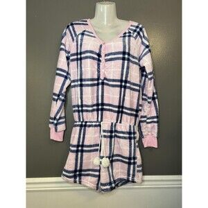 Em & Alfie Sleep Romper Womens Large Pink Blue Plaid Fleece Pajamas Loungewear